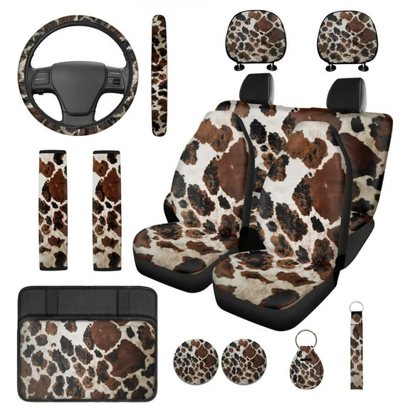 HUIACONG Car Seat Covers Full Set Brown Cow Print Car Accessories 14 Pcs Universal Front and Back Seat Covers with Steering Wheel Cover Armrest Cover Seat Belt Pads Headrest Cover Coasters Keychain