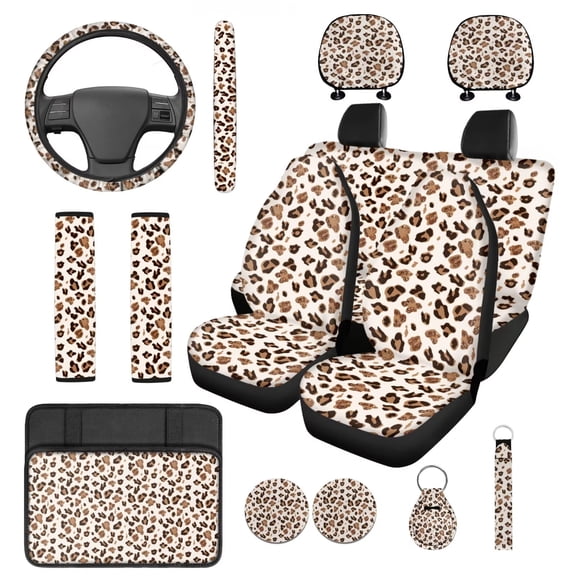 HUIACONG Car Seat Covers Full Set for Women Brown Leopard Print Car Accessories Seat Covers with Steering Wheel Cover Armrest Cover Seat Belt Pads Headrest Cover Coasters Keychain 14 Pcs Set