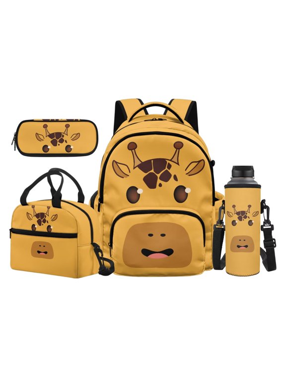 Cartoon Giraffe Face Kids Backpack Set 17 Inch 4 Pieces Insulated Lunch Box, Pencil Case & Water Bottle Sleeve, Anti-Slip Straps, for Ages 8-15