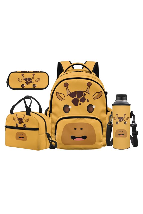 Cartoon Giraffe Face Kids Backpack Set 17 Inch 4 Pieces Insulated Lunch Box, Pencil Case & Water Bottle Sleeve, Anti-Slip Straps, for Ages 8-15