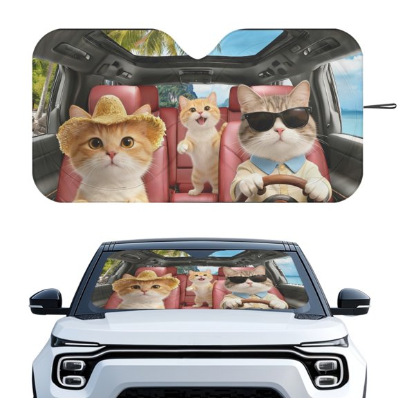 HUIACONG Cat Driving Car Windshield Sun Shade, Foldable Sun Heat Protection Keeps Your Car Cooler Foldable Sunshade for Standard Size Windshield Front Window Most Cars