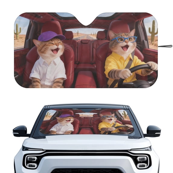 HUIACONG Cat Road Trip Print Protector Car Windshield Sun Shade UV Reflective Heat Reflector Interior Protection Windshield Sunshade for Universal Fit Front Window