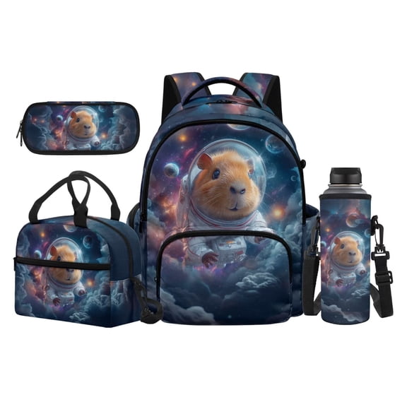 HUIACONG Children Backpack Space Capybara 17 Inch 4 in 1 Set with Lunch Bag, Pencil Case & Bottle Holder, Scratch-Proof Fabric, for Elementary to High School