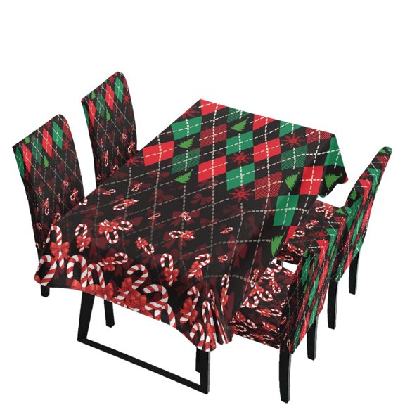 HUIACONG Christmas Argyle Candy Cane Print Tablecloth and Chair Covers Set of 5, Stretch Wrinkle Resistant Rectangle Table Cover, Machine Washable Dining Chair Slipcovers for Xmas