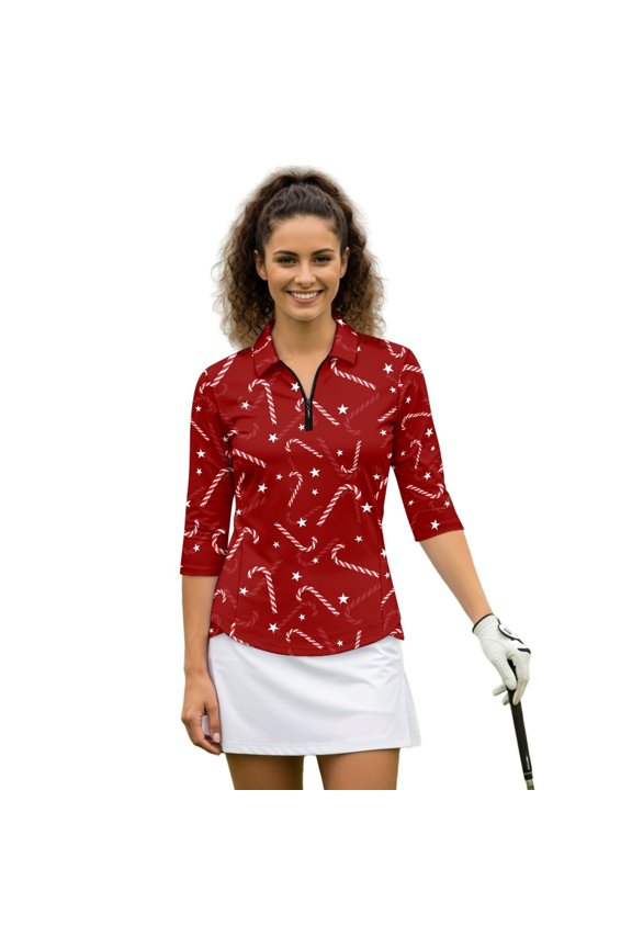 Christmas Candy Cane Ladies Golf Top 3/4 Sleeve, Quarter Zip with Zipper Women's Golf Polo Shirts Versatile Quick Dry Golf Shirt Women