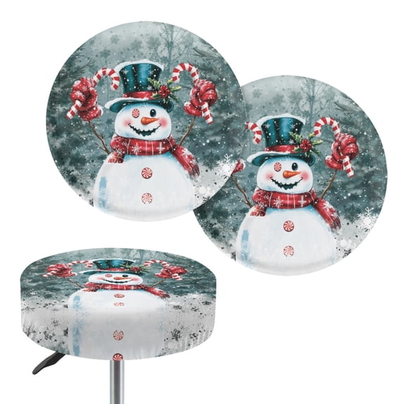 HUIACONG Christmas Elastic Stool Cushion Cover Featuring Festive Snowman, 2 Count Washable Round Cover for Bar and Kitchen