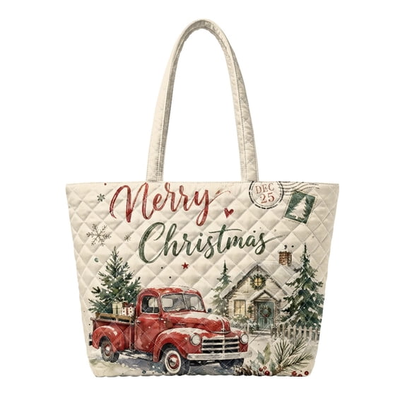 HUIACONG Christmas Red Truck Cottage Print Quilted Tote Bag, Reinforced Stitching Large Capacity Shoulder Handbag for Holiday Shopping, Work Daily Use with Roomy Inner Space