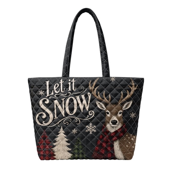 HUIACONG Christmas Reindeer Snow Print Structured Quilted Tote Bag, Plush Padded Handle Large Capacity Shoulder Handbag for Winter Holiday Shopping Travel Daily Use