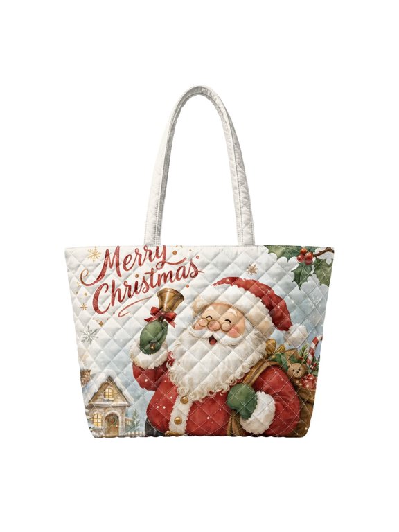 Christmas Santa Bell Print Quilted Shoulder Tote Bag, Large Capacity Featherlight Handbag with Secure Zipper Closure for Holiday Shopping Travel Party Gifts Daily Use
