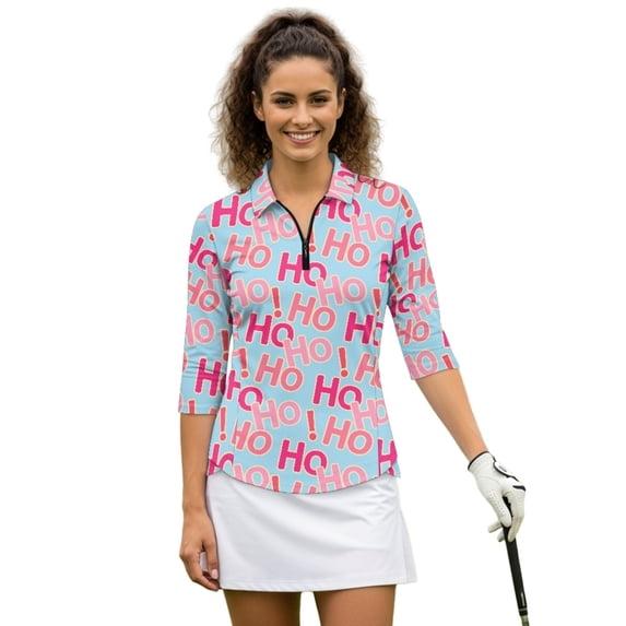 HUIACONG Christmas Womens 3/4 Sleeve Golf Polo Shirts with Hoho Pattern, Quarter Zip Golf Top for Ladies Tennis and Exercise