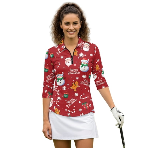 HUIACONG Christmas Womens 3/4 Sleeve Golf Shirts with Santa Snowman Print, Long Sleeve V Neck Polo Shirts for Women Outdoor Golf Sports