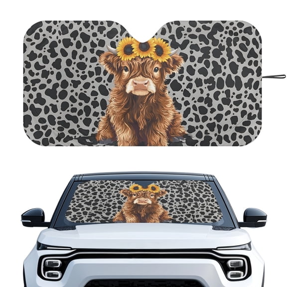 HUIACONG Classic Cow Print Highland Cattle Easy Storage Foldable Sunshade UV & Heat Protection Block UV Sunshade Cover UV Protection Front Auto Windshield Sun Shade for Pickups Sedan