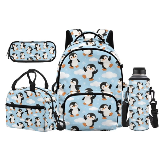 HUIACONG Cloud Snow Penguin Kids 17 Inch Backpack 4 Piece Set Lunch Bag, Pencil Case & Water Bottle Sleeve, Adjustable Chest Buckle, for Grades 2-7
