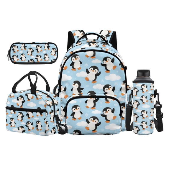 HUIACONG Cloud Snow Penguin Kids 17 Inch Backpack 4 Piece Set Lunch Bag, Pencil Case & Water Bottle Sleeve, Adjustable Chest Buckle, for Grades 2-7