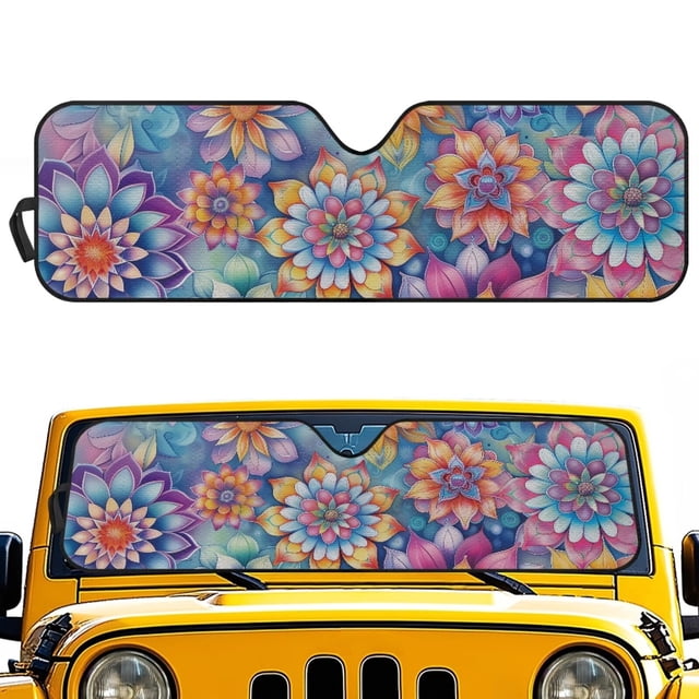 HUIACONG Colorful Flowers Windshield Sun Shade for 2018-2024 Jeep Wrangler JL JLU & Gladiator JT, Sunshades Heat Shield, Aluminum Foil Triple Laminate Structure, Silver