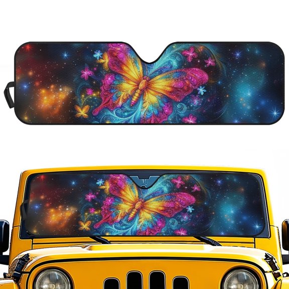 HUIACONG Colorful Galaxy Butterfly Sunshade Sun Shade Windshield Heat Shield Sun Visor Mat Compatible with Jeep Wrangler Rubicon Sahara TJ JK JKU 2 Door & 4 Door