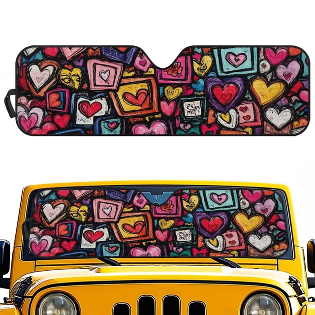 HUIACONG Colorful Heart Windshield Sun Shade Sun Visor Heat Shield for 2018-2025 Jeep Wrangler JL & 2/4 Door 4XE & 2020-2025 Jeep Gladiator JT Thicken 3-Layer Protect Your Car from Sun Heat