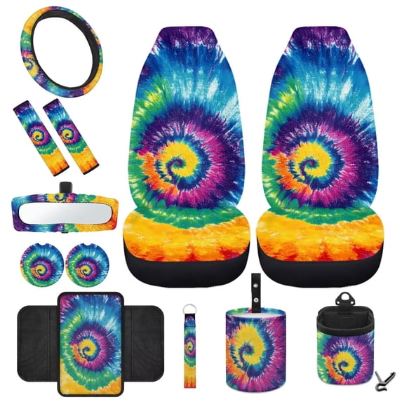HUIACONG Colorful Tie-Dye Car Interior Accessories Seat Covers for Car Car Wheel Protector Auto Seat Belt Cover Car Garbage Can Car Organizer Rearview Mirror Cover Car Cup Coasters Key Chains 12 Pcs
