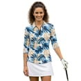 thumbnail image 1 of HUIACONG Comfortable Women's Golf Polo with Tropical Leaf Print, 3/4 Sleeve Athletic Tops for Outdoor Golf and Casual Sports, Soft Polyester Spandex Fabric, 1 of 10