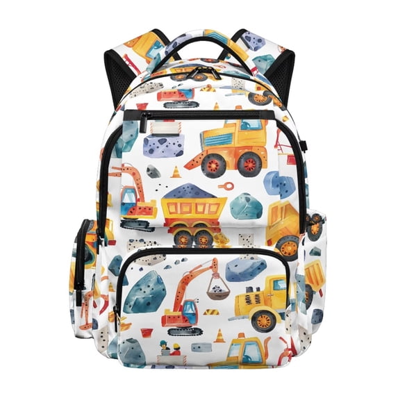 HUIACONG Construction Truck Print Kids School Backpack for Boys Age 5-14 Multi Pocket Adjustable Cushioned Straps Water Resistant Lightweight Durable Backpack for School Camping Day Trip