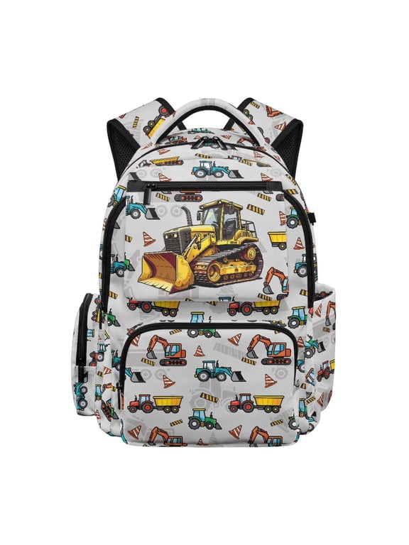 Construction Vehicle Backpack for Kids 9-12, Bulldozer Excavator Print School Bag, Lightweight Water Resistant Bookbag for Daily School