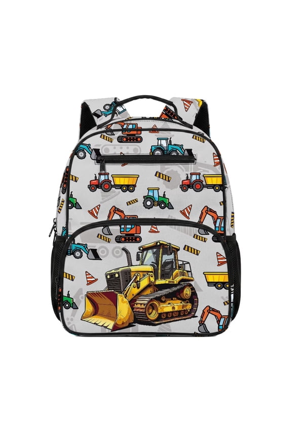 Construction Vehicle Print 13.5 Inch Kids Backpack Water Repellent Multi Pockets Lightweight Breathable Adjustable Padded Straps Sturdy School Bookbag for Toddler Preschool Boys
