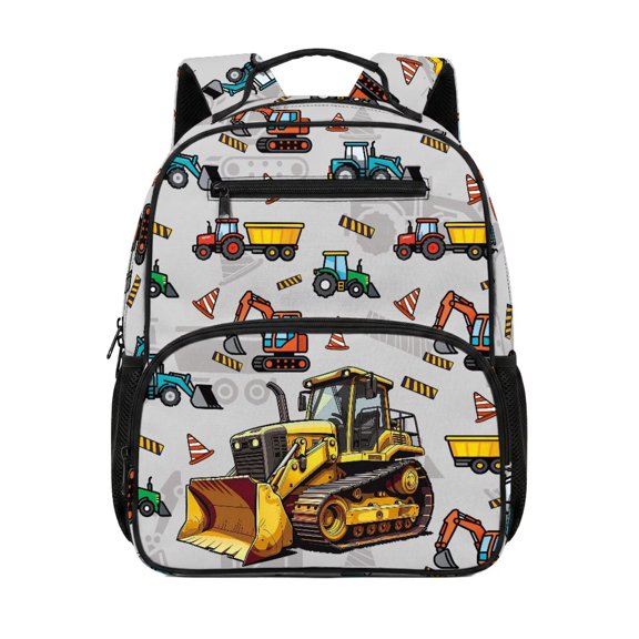 HUIACONG Construction Vehicle Print 13.5 Inch Kids Backpack Water Repellent Multi Pockets Lightweight Breathable Adjustable Padded Straps Sturdy School Bookbag for Toddler Preschool Boys