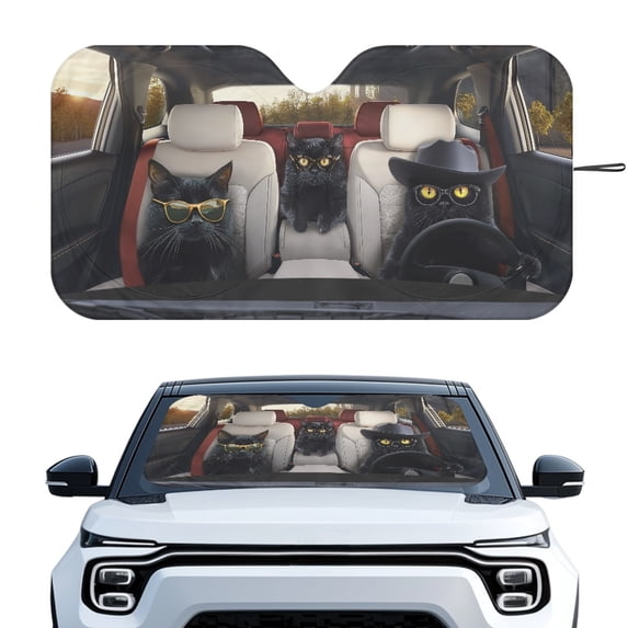 HUIACONG Cool Black Cat Driving Print Car Windshield Sun Shade Heat and UV Protection for Auto Sedan Trucks, Protect Interior Foldable Cars Interior Accessories Custom-fit