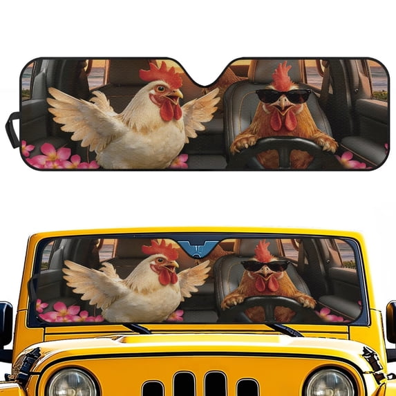 HUIACONG Cool Chickens Front Sunshade Windshield Fit for Jeep Wrangler JL/JLU 2018-2024 & Jeep Gladiator JT 2020-2024, 240T Foldable Window Shade Sun Visor Protector Blocks UV Rays