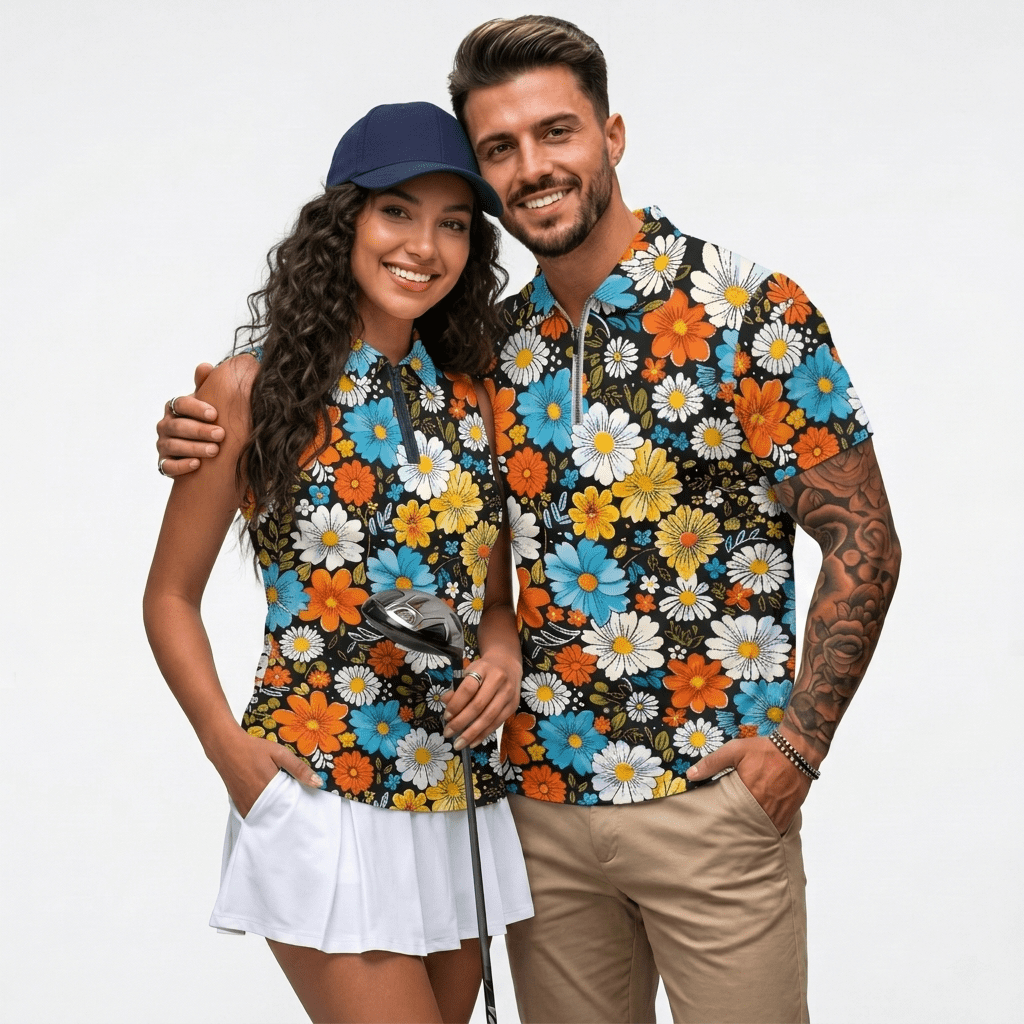 hippie dress shirt Huiacong Couples Golf Shirts Matching Hippie Floral 70s Men's Golf Shirts Collared Short Sleeve Hawaiian Shirt 1/4 Zip Couples Matching Outfits Mens