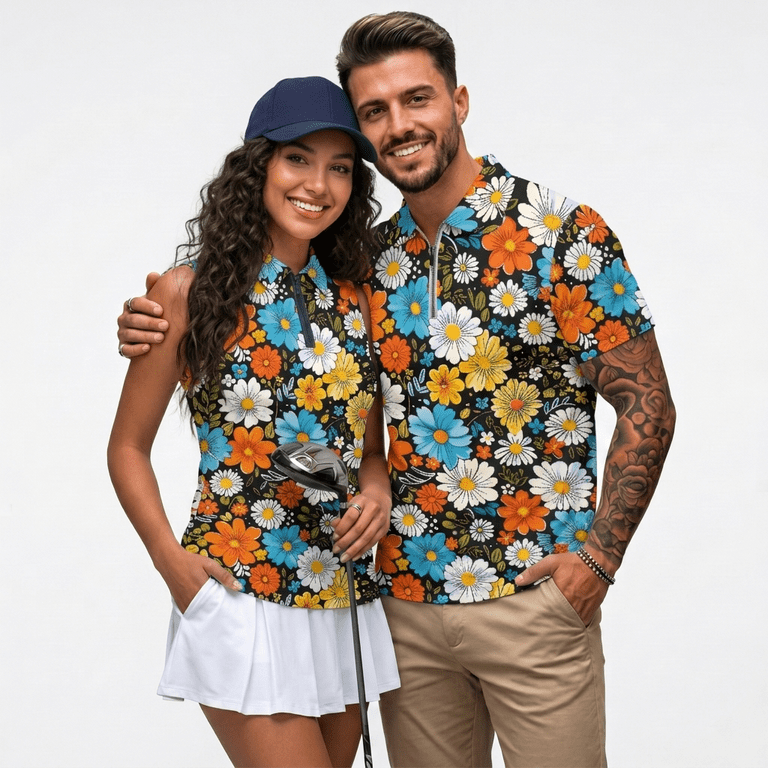 hippie dress shirts Huiacong Couples Golf Shirts Matching Hippie Floral 70s Men's Golf Shirts Collared Short Sleeve Hawaiian Shirt 1/4 Zip Couples Matching Outfits Mens