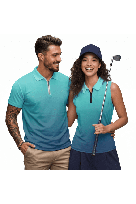 Couples Matching Golf Shirts for Men Quarter Zip Collared Short Sleeve Quick Dry Breathable Athletic Mens Shirts Sleeveless Golf Tops for Women for Daily Golfing Vacation Blue Gradient Man L