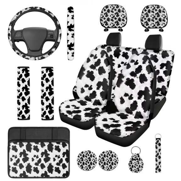 HUIACONG Cow Print Car Seat Covers Full Set 14 Pcs Cow Print Car Accessories Seat Covers Front and Back with Steering Wheel Cover Arm Rest Cover Seat Belt Pads Headrest Cover Coasters Keychain