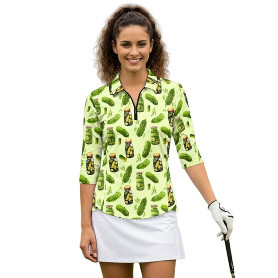 HUIACONG Cucumbers Women's Golf Polo Shirts, Quick Dry Breathable Women's 3/4 Sleeve Golf Top Comfortable Quick Dry Golf Shirt Women
