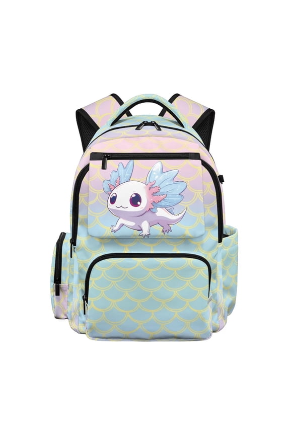 Cute Axolotl Scales Pattern School Backpack for Kids Teens Age 7-18 Large Capacity Multi Pockets Water Resistant Adjustable Padded Straps Bookbag for School Travel Outdoor Activities