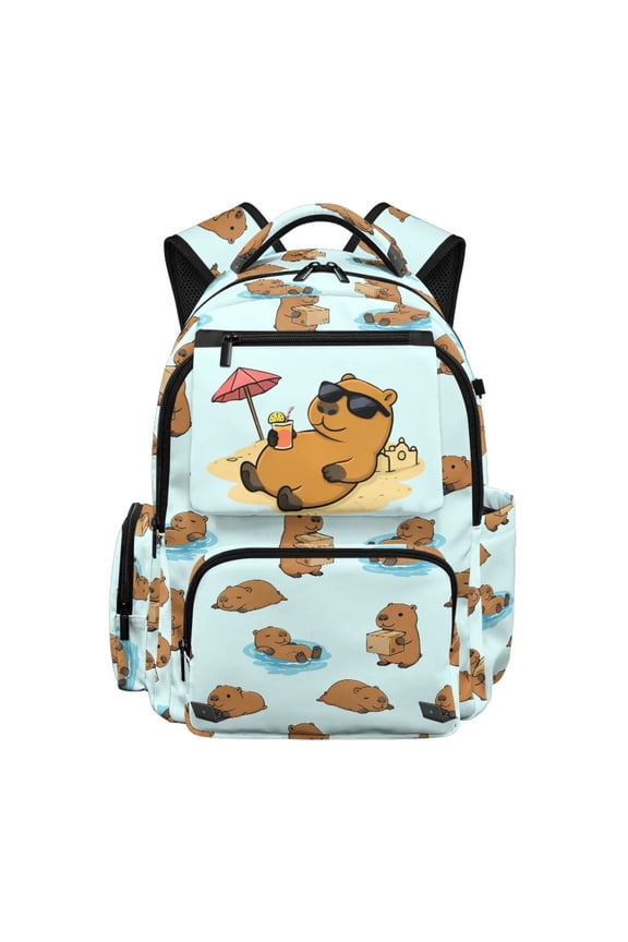 Cute Capybara Print School Backpack for Teens Age 7-18 Multi Pocket Sturdy Book Bag Water Repellent Adjustable Padded Straps Lightweight Large Capacity Daypack