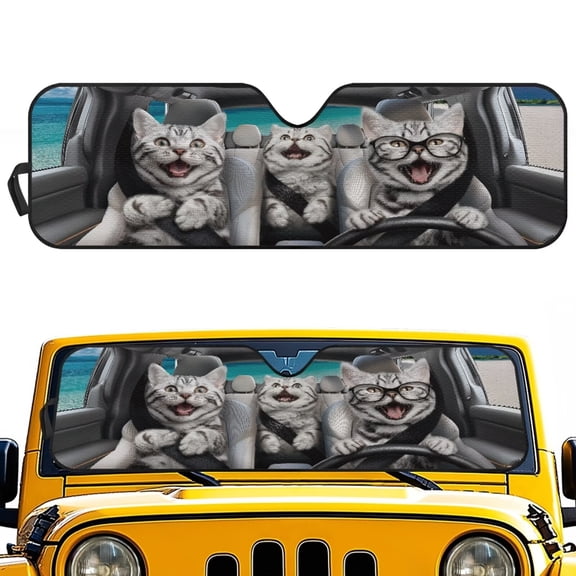HUIACONG Cute Cats Sunshade Windshield Fit for Jeep Wrangler JL/JLU 2018-2024 & Jeep Gladiator JT 2020-2024, 240T Foldable Window Shade Sun Visor Protector Blocks UV Rays