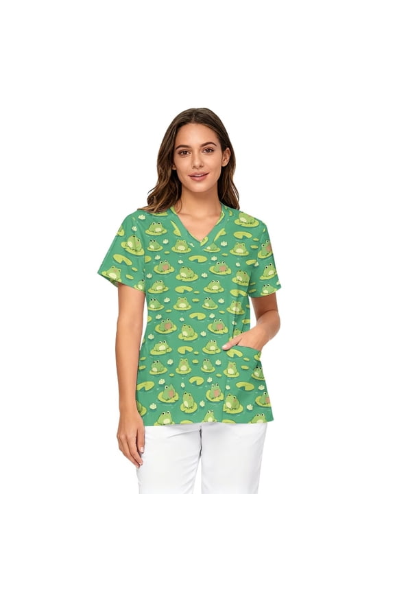 Cute Green Frog Women Scrub Tops Size XL Short Sleeve Flex Easy Care Fabric Adult Nurse Uniform V-Neck Comfortable Fashion