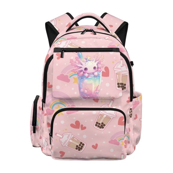 HUIACONG Cute Pink Axolotl Bubble Tea School Backpack for Teens Girls Age 7-18 Multi Pockets Adjustable Padded Straps Water Resistant Large Capacity Bookbag for School Travel Daily Use
