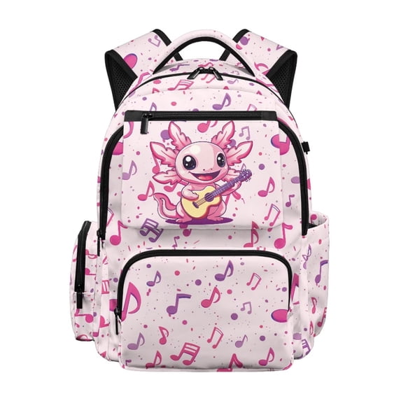 HUIACONG Cute Pink Axolotl Guitar Print School Backpack for Teens Girls Age 7-18 Multi Pocket Water Resistant Bookbag Adjustable Padded Straps Lightweight Durable for School Travel Daily Use