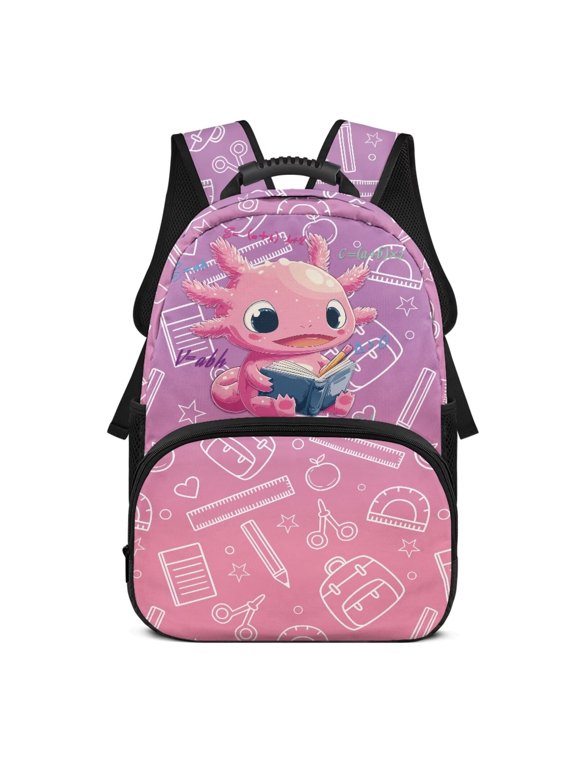 Cute Pink Axolotl School Backpack for Students Age 6-18 Ergonomic Padded Shoulder Straps Large Capacity Bookbag for Elementary Middle High School Back to School Daily Use