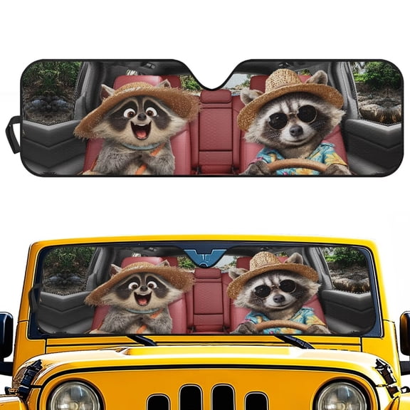 HUIACONG Cute Raccoon Windshield Sun Shade for 2018-2025 Jeep Wrangler JL JLU & 2020-2025 Jeep Gladiator 310T Polyester Covered Foldable Front Sunshade, Blocks UV Rays and Heat, Outdoor Camping