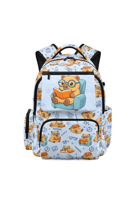 Cute Reading Capybara Print School Backpack for Kids Teens Age 5-16 Multi Pockets Water Resistant Bookbag with Adjustable Padded Straps Lightweight Casual Daypack for School Travel