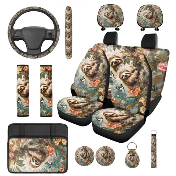 HUIACONG Cute Sloth Car Seat Covers Full Set with Steering Wheel Cover Coasters Center Console Cover Seat Belt Pads Headrest Cover Key Chain 14 Pcs Universal Car Accessories Interior