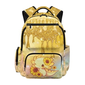 Mochila escolar para niños y niñas con estampado de ajolote y girasol, 17 pulgadas, resistente al agua, múltiples bolsillos, correas acolchadas ajustables, gran capacidad