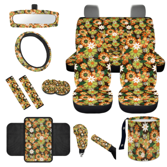 HUIACONG Daisy Floral Pattern Car Interior Accessory Kit, with Car Cup Holder Coasters Steering Wheel Cover Car Cup Coasters Rearview Mirror Sleeve