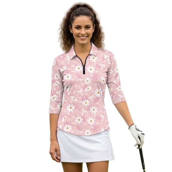 HUIACONG Daisy Pattern Tennis Tops Quarter Zip Polyester Spandex with Quick Dry Tennis Activewear for Ladies