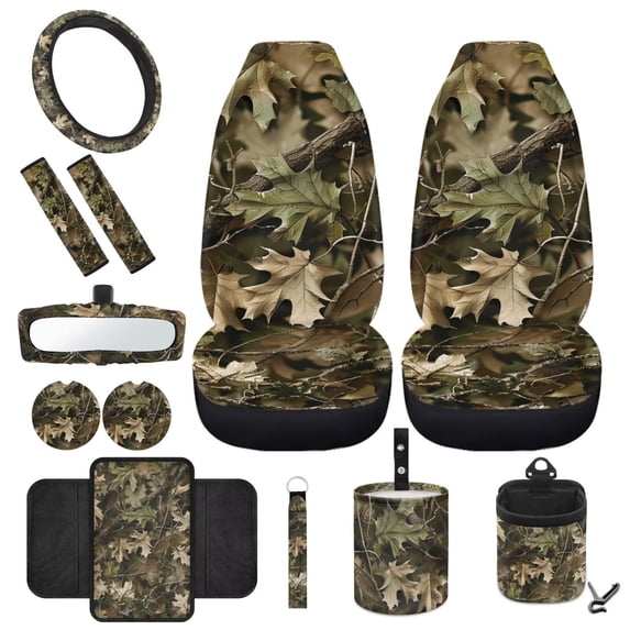 HUIACONG Dead Leaf Auto Seat Covers Full Set of 12 Pack Auto Steering Wheel Cover Car Seat Belt Pad Car Trash Bin Car Organizer Rearview Mirror Accessories Car Coasters for Cup Holders Keychain