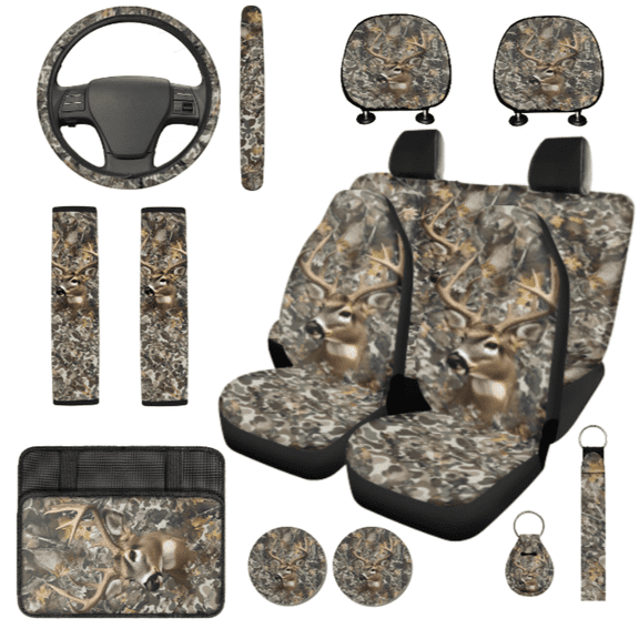 HUIACONG Deer Camouflage Pattern Car Interior Accessory Kit, with Key Holder Front Back Seat Covers, Compatible with Cars Truck