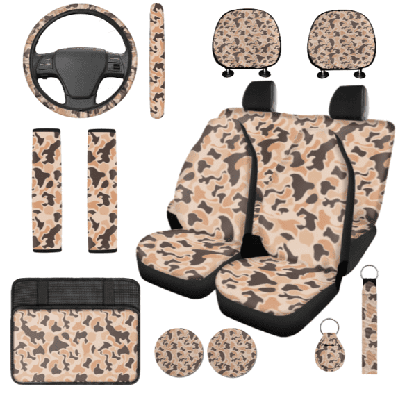 HUIACONG Desert Camouflage Pattern Car Seat Cover Set, with Steering Wheel Cover Car Armrest Protective Cover Keychain Strap Car Seat Covers Car Headrest Protectors